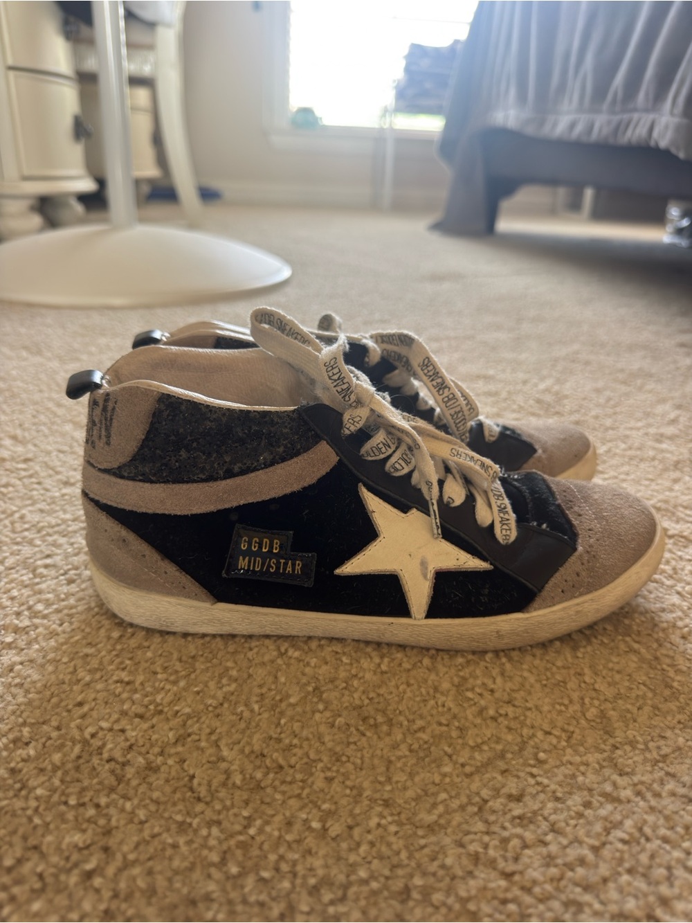 Golden Goose Mid Star Black, Tan & White Suede Sneakers